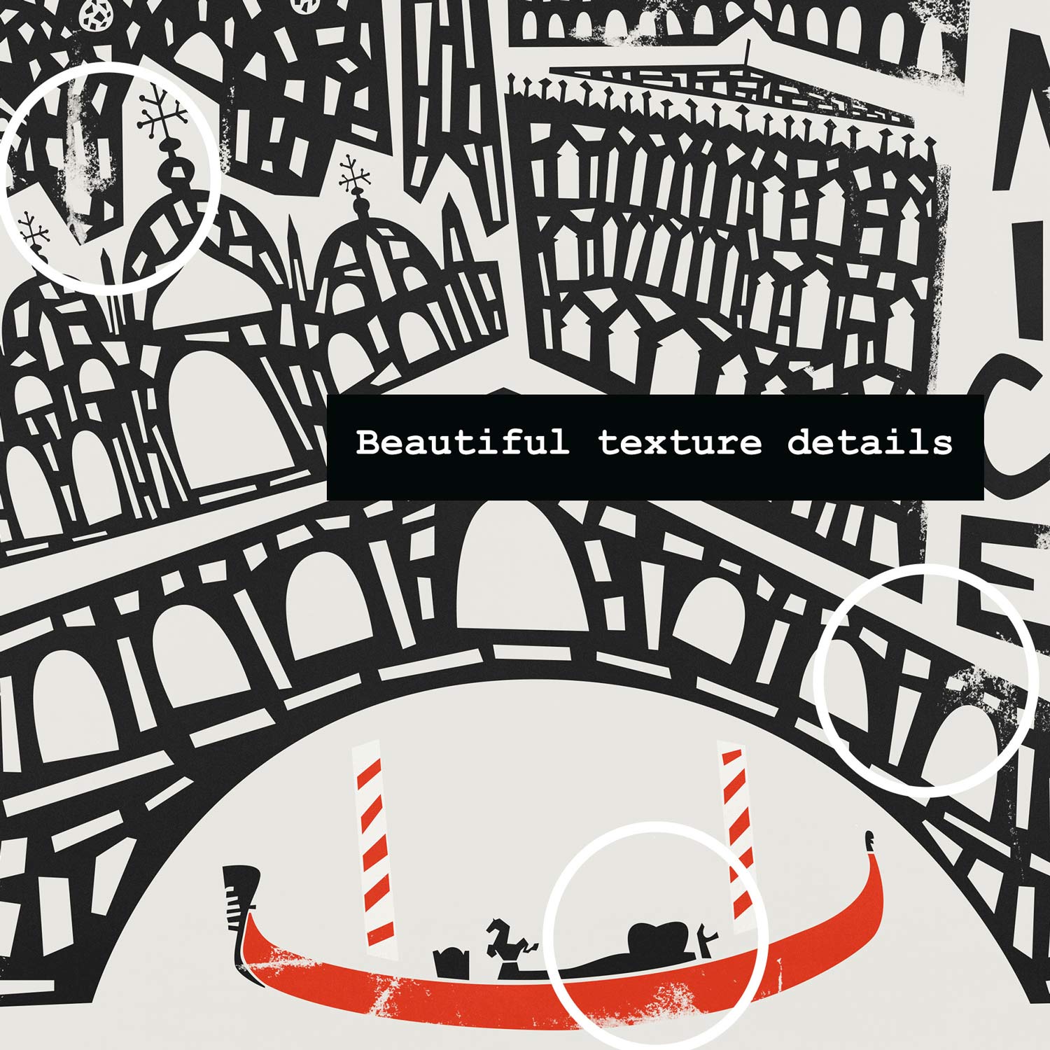 Zoomed-in detail of the Venice print showing a stylised gondola under a classic Venetian bridge, surrounded by charming hand-sketched rooftops.
