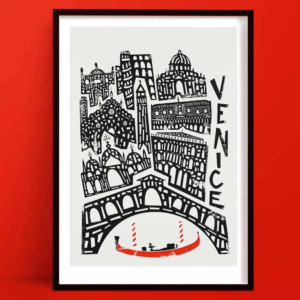 A Venice print, illustrated, features iconic bridges, domes, and a bright red gondola, all rendered in a whimsical, graphic style on a crisp white background.