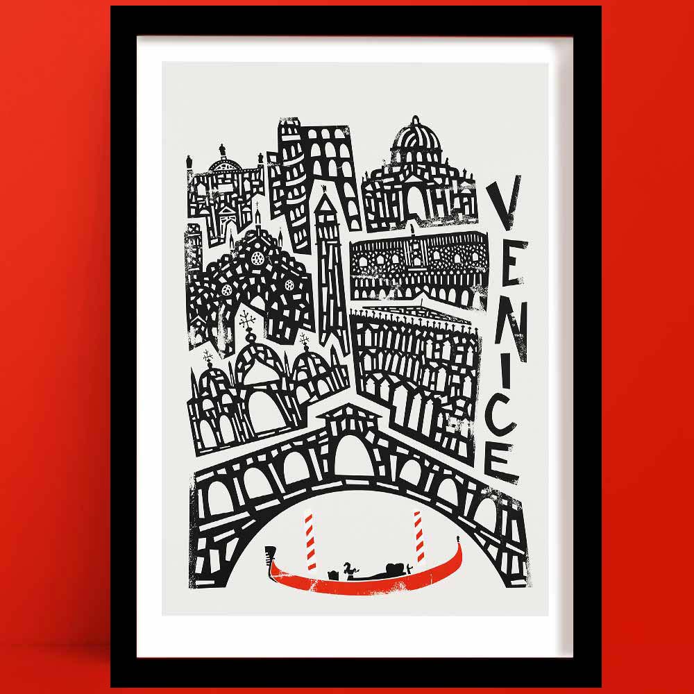 A Venice print, illustrated, features iconic bridges, domes, and a bright red gondola, all rendered in a whimsical, graphic style on a crisp white background.
