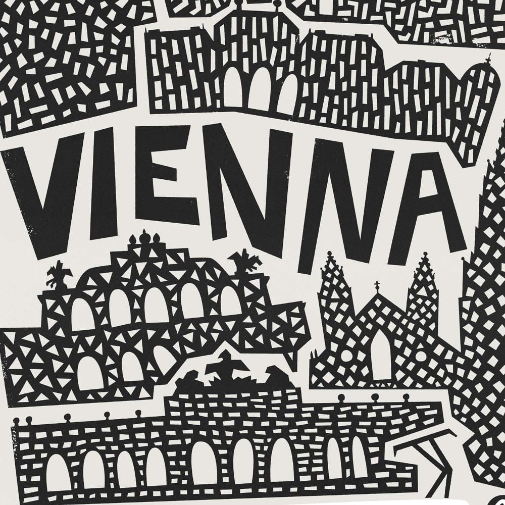 Close-up of the Vienna cityscape art print, highlighting intricate hand-drawn buildings and bold lettering.