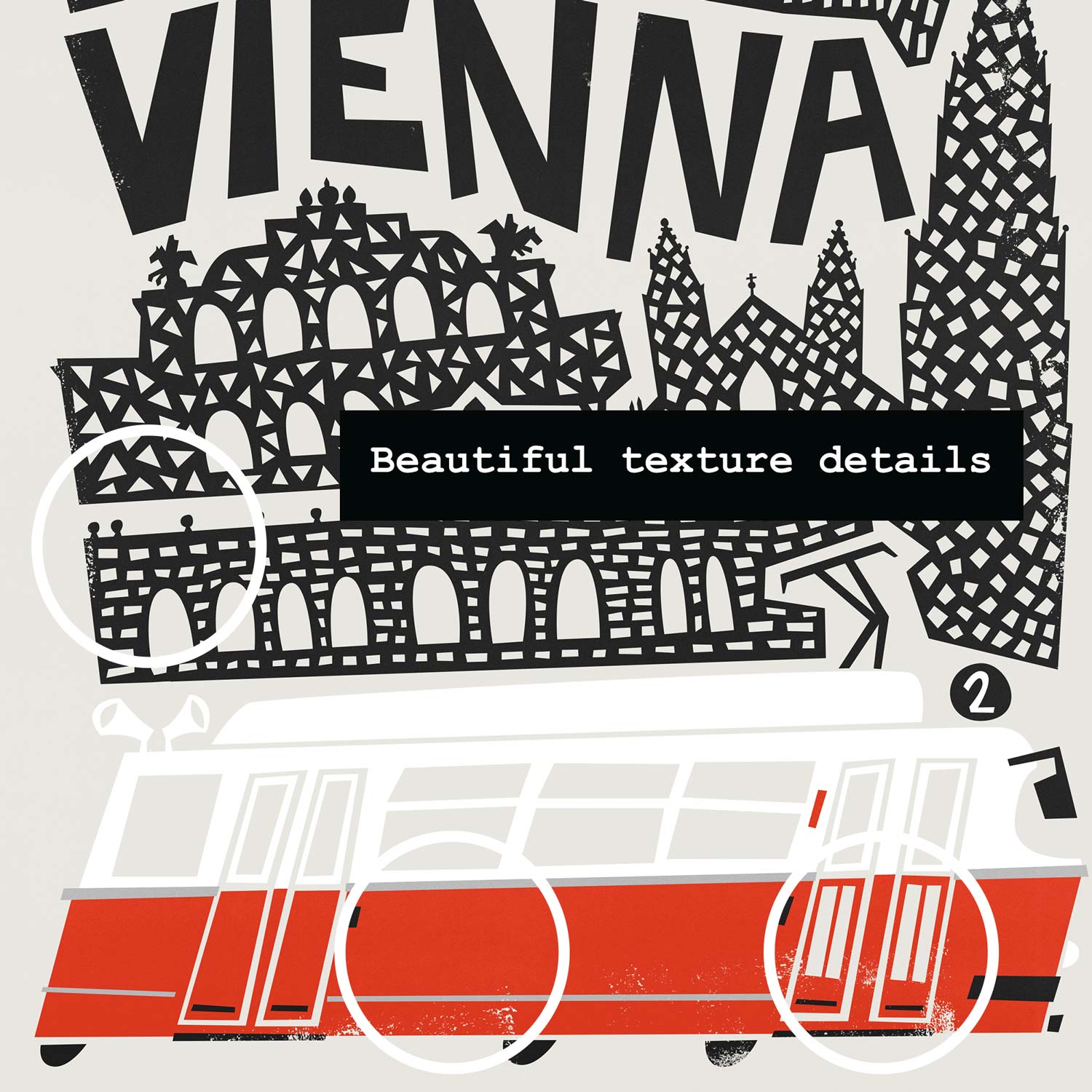 Close-up of the Vienna cityscape art print, highlighting intricate hand-drawn buildings and bold lettering.