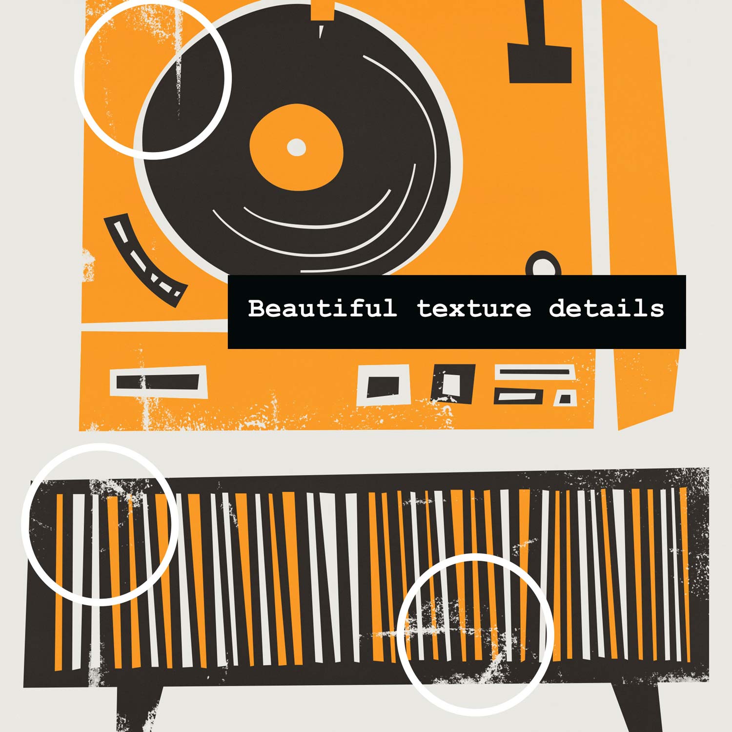 Close-up of the bold black vinyl and orange turntable, showcasing distressed textures and playful angles in this graphic music lover’s dream.