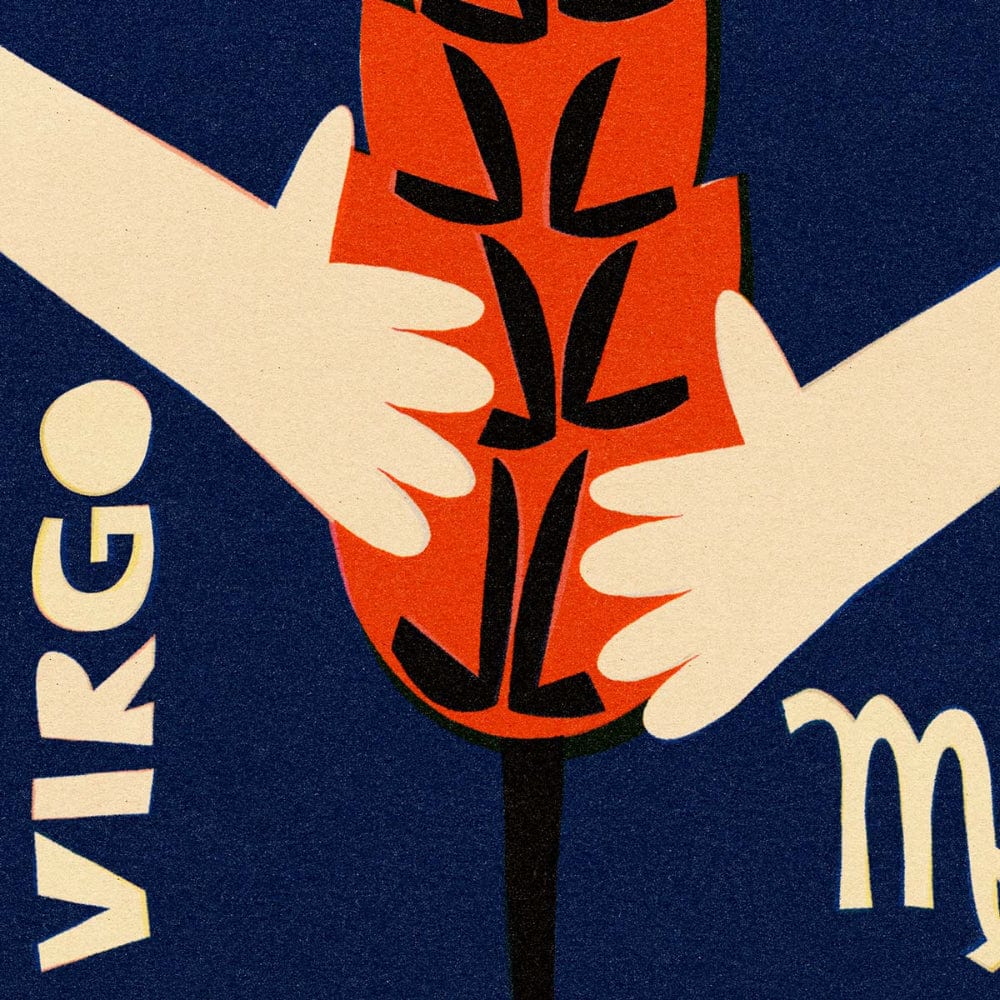Close-up of the Virgo print showing graphic hands grasping stylised red wheat, with zodiac lettering and symbol.