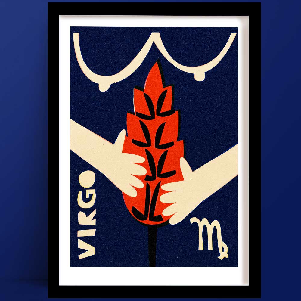 Virgo print featuring stylised hands holding a red wheat stalk beneath curved lines and Virgo symbols, framed on deep navy wall.