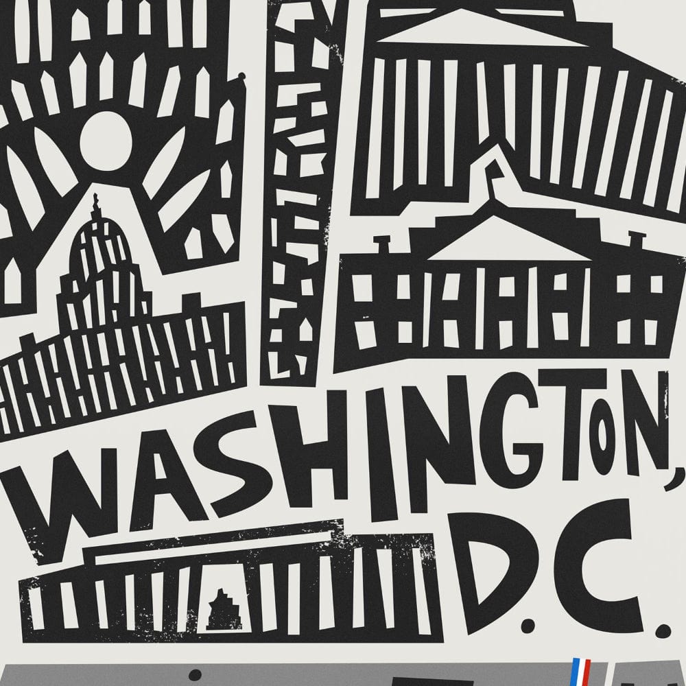 Detailed close-up of the Washington D.C. print showing graphic landmark silhouettes and playful hand-drawn lettering.