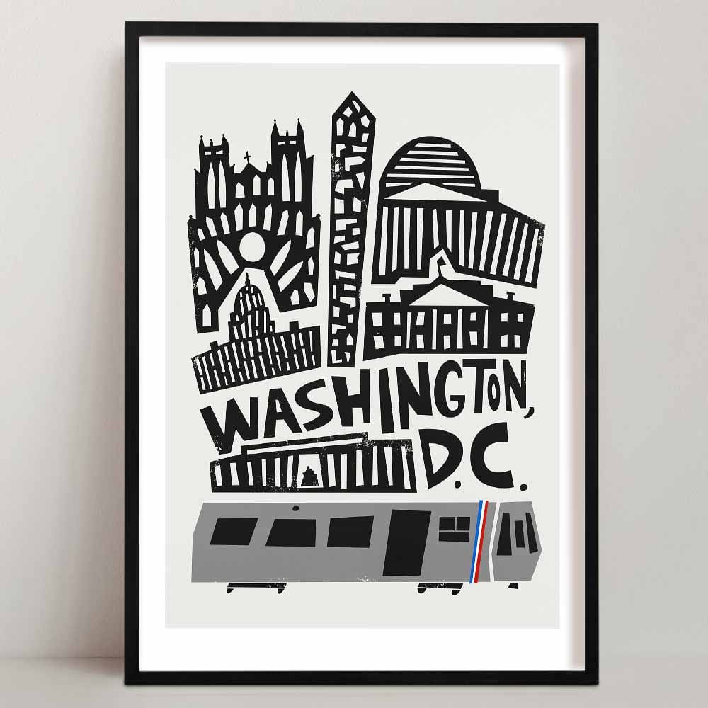 Washington D.C. print featuring graphic black-and-white skyline with iconic architecture and a Metro train at the bottom.