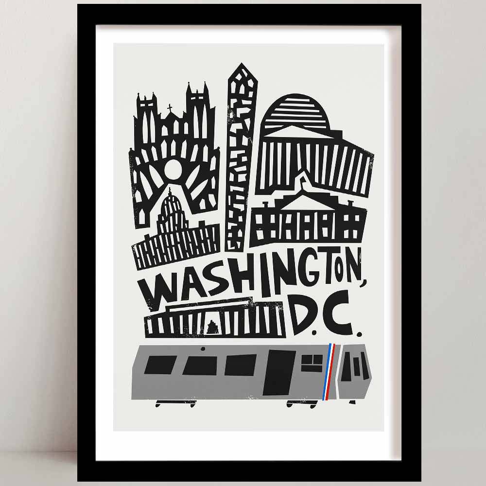 Washington D.C. print featuring graphic black-and-white skyline with iconic architecture and a Metro train at the bottom.