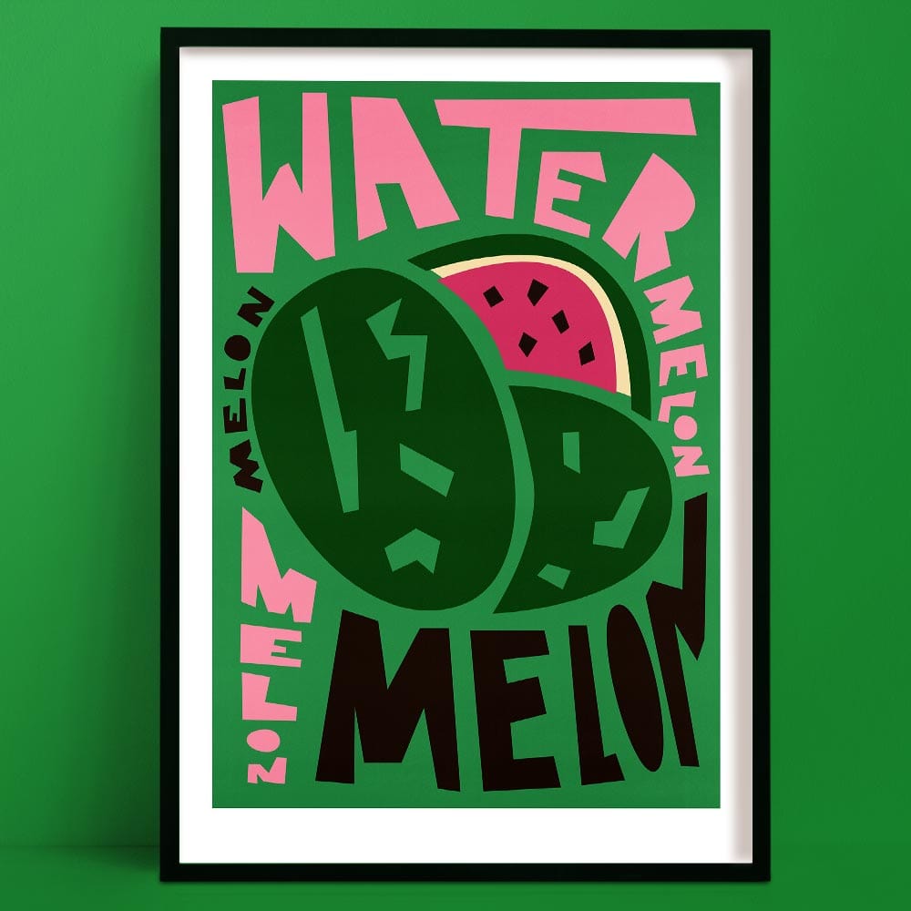 Watermelon print featuring bold pink and black “WATERMELON” lettering surrounding graphic melon slices on a deep green background.