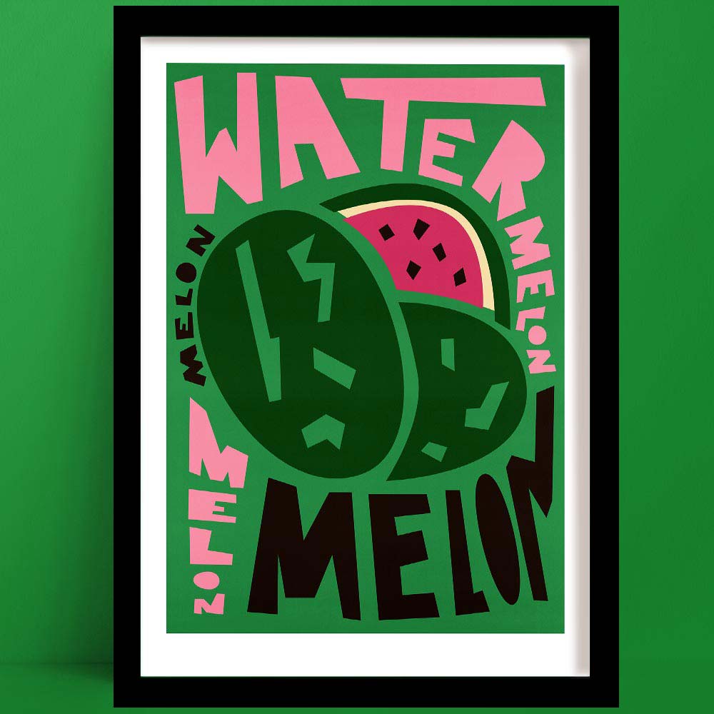 Watermelon print featuring bold pink and black “WATERMELON” lettering surrounding graphic melon slices on a deep green background.