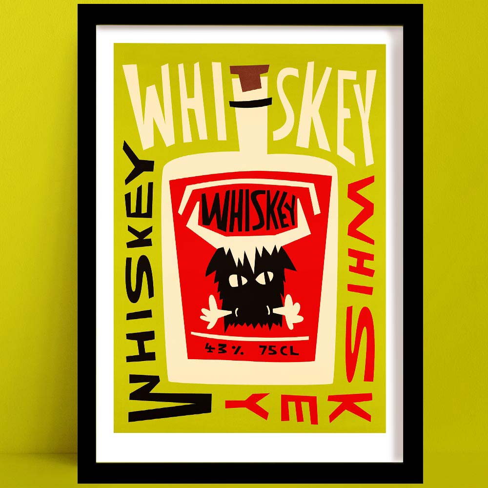 Whiskey print featuring a red-faced bottle with jagged eyes and hands, surrounded by chaotic “WHISKEY” lettering on a chartreuse background.
