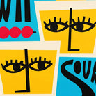 Close-up of illustrated cocktail glasses with graphic eyes and stylised text reading ‘Whiskey Sour