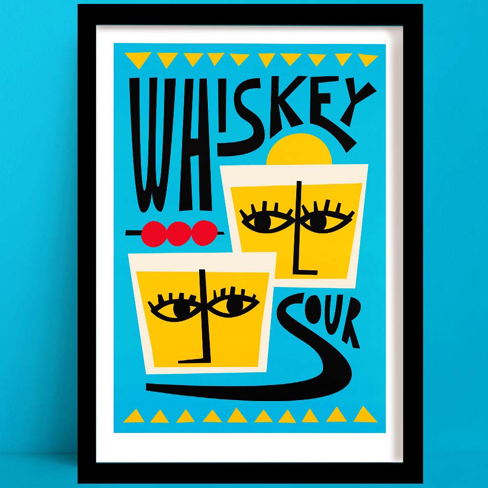 Whiskey Sour print with illustrated cocktail glasses and bold mid-century lettering on blue background.