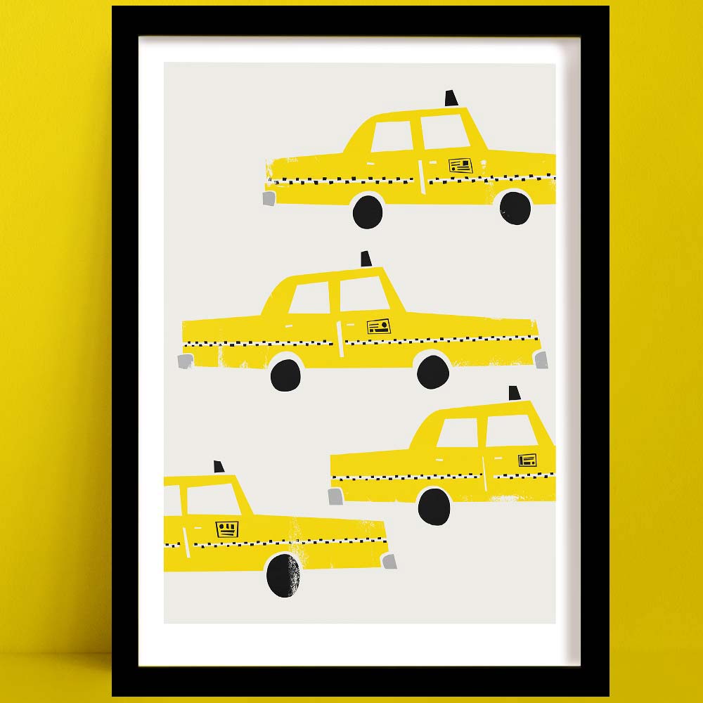 A minimalist pop art New York Taxi print featuring a playful arrangement of five yellow New York taxis in bold block shapes with graphic wheels and checkered stripes.