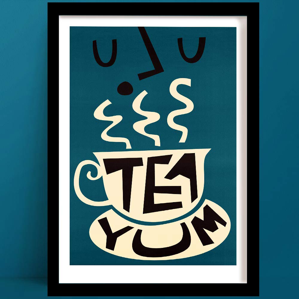 A Tea Print with a Stylised face enjoying a hot cup of tea with rising steam and bold, playful lettering.