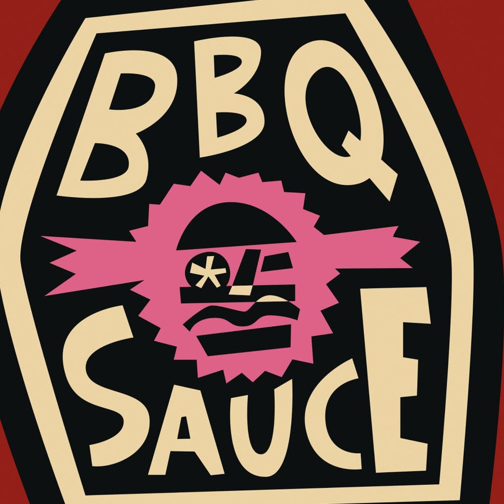 Close-up of the BBQ Sauce bottle label featuring a spiky pink face and warped bold text.