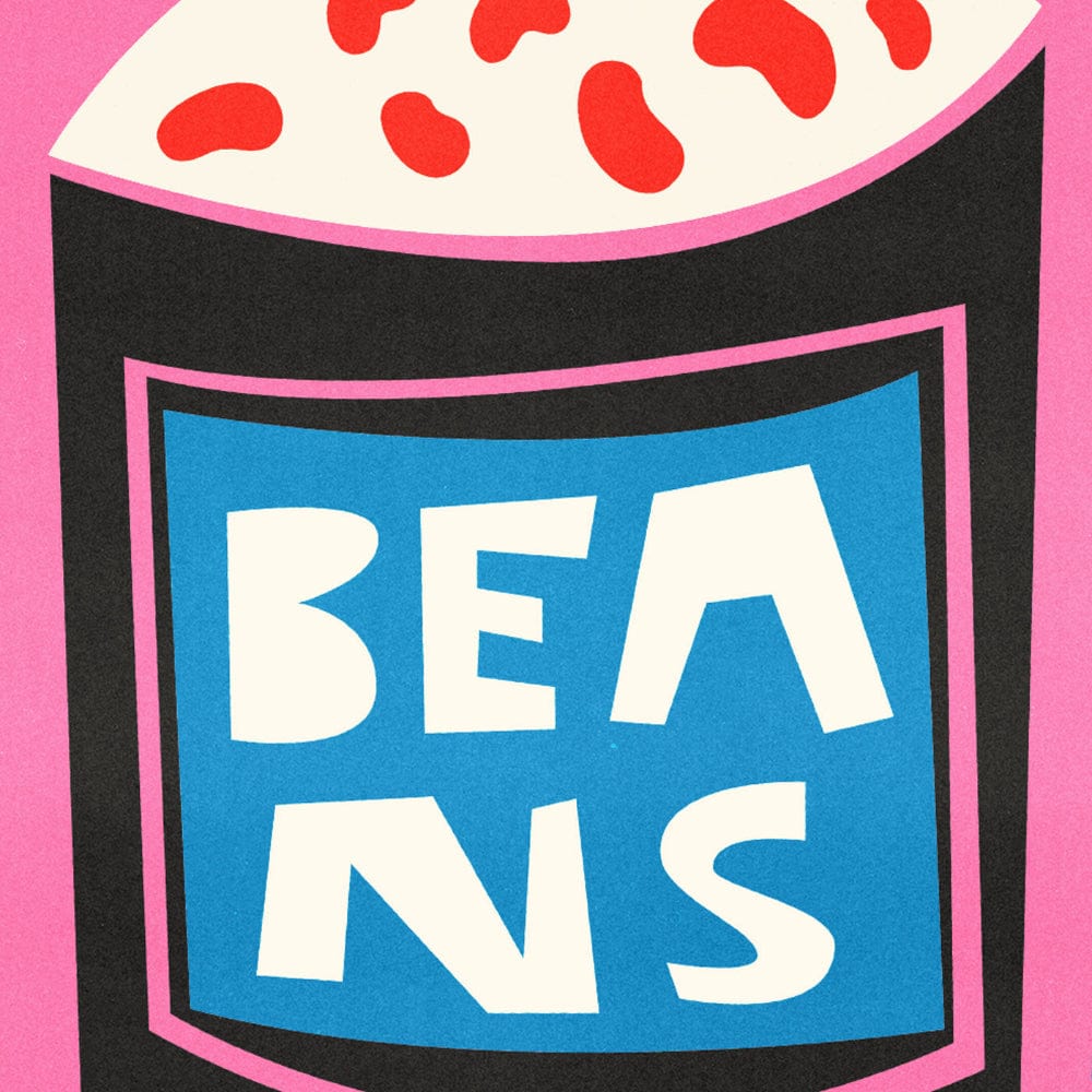 Zoomed-in view of the quirky label design and bubbling bean top.