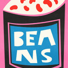 Zoomed-in view of the quirky label design and bubbling bean top.