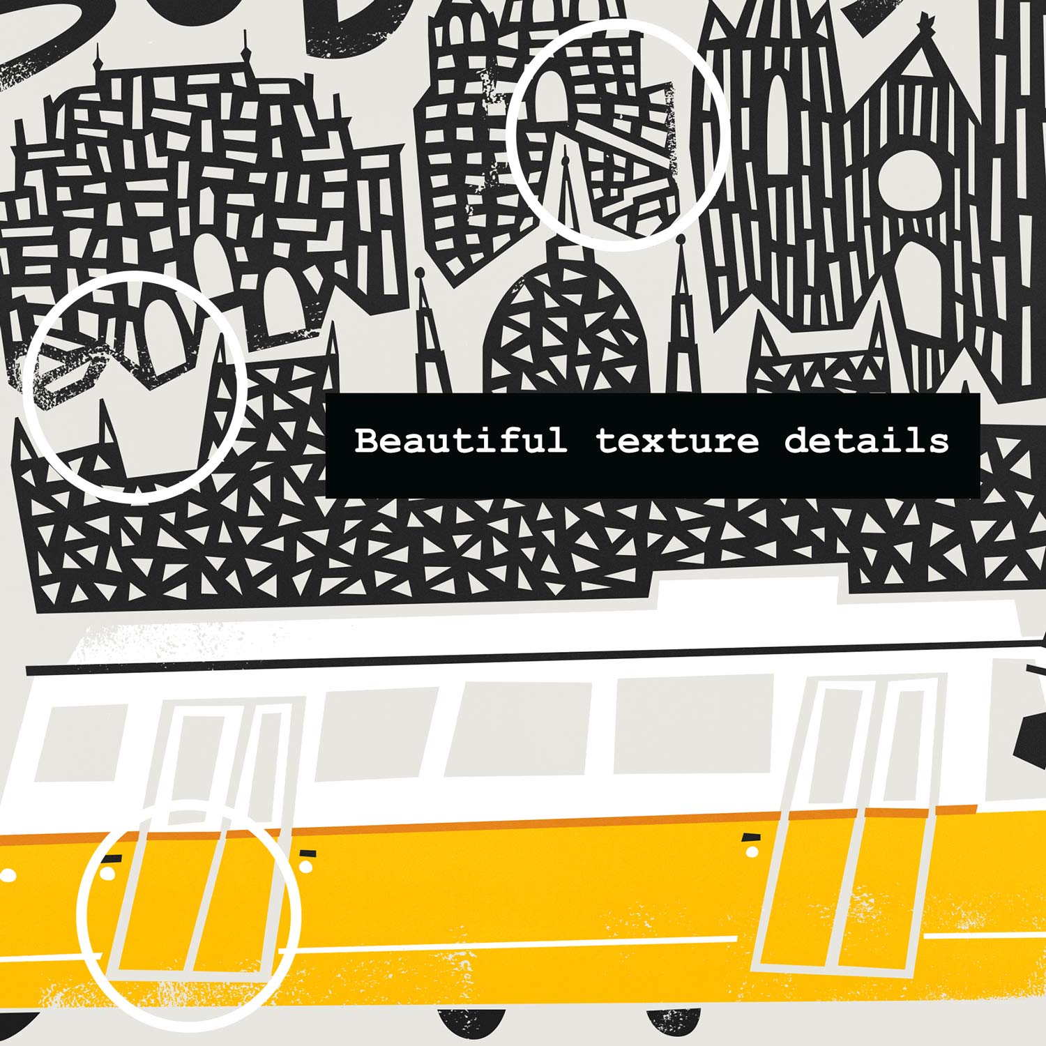 A close-up of the Budapest print showcasing the textured yellow tram and crisp architectural line work.