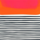 A vivid coral paint block blending into white, resting above a calm pattern of inked stripes.