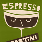 Close-up of the Espresso Martini print featuring hand-drawn text and a minimalist, sleepy expression across a creamy coffee glass.