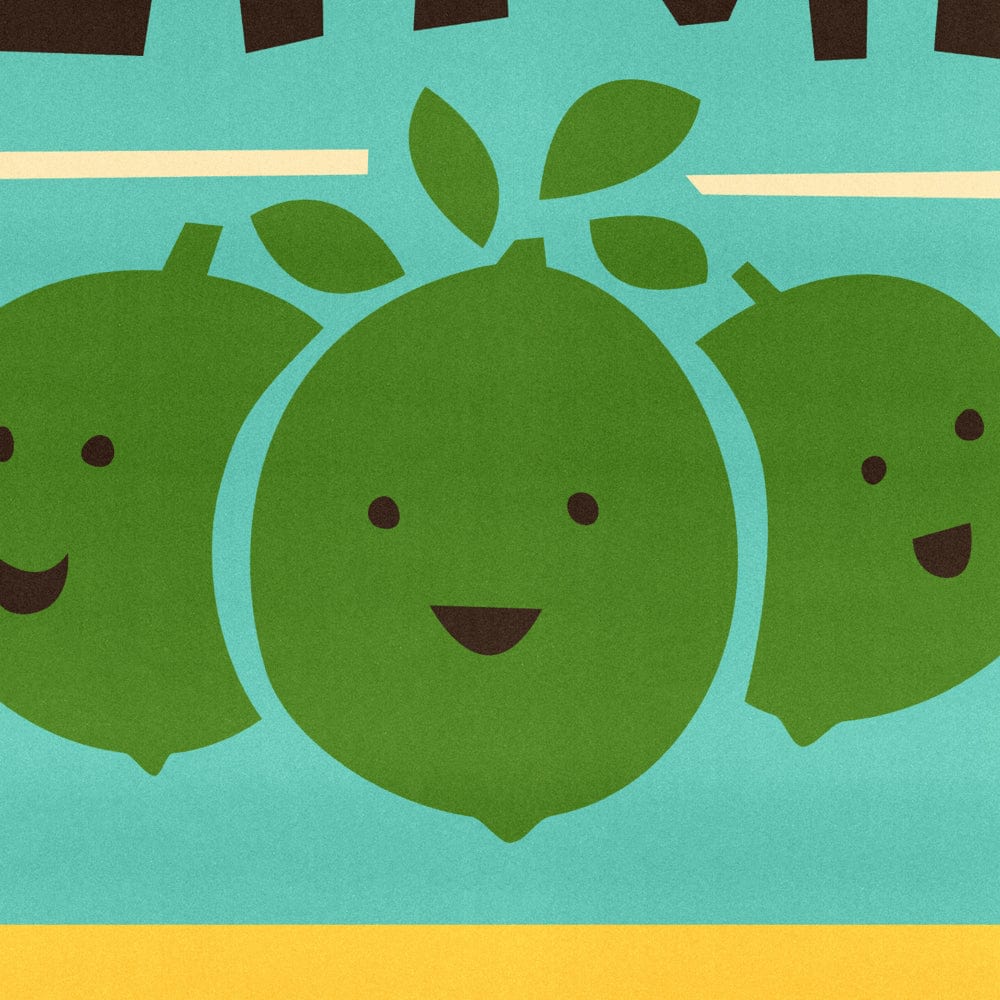 A close-up of the happy lime faces in a colourful layered layout.