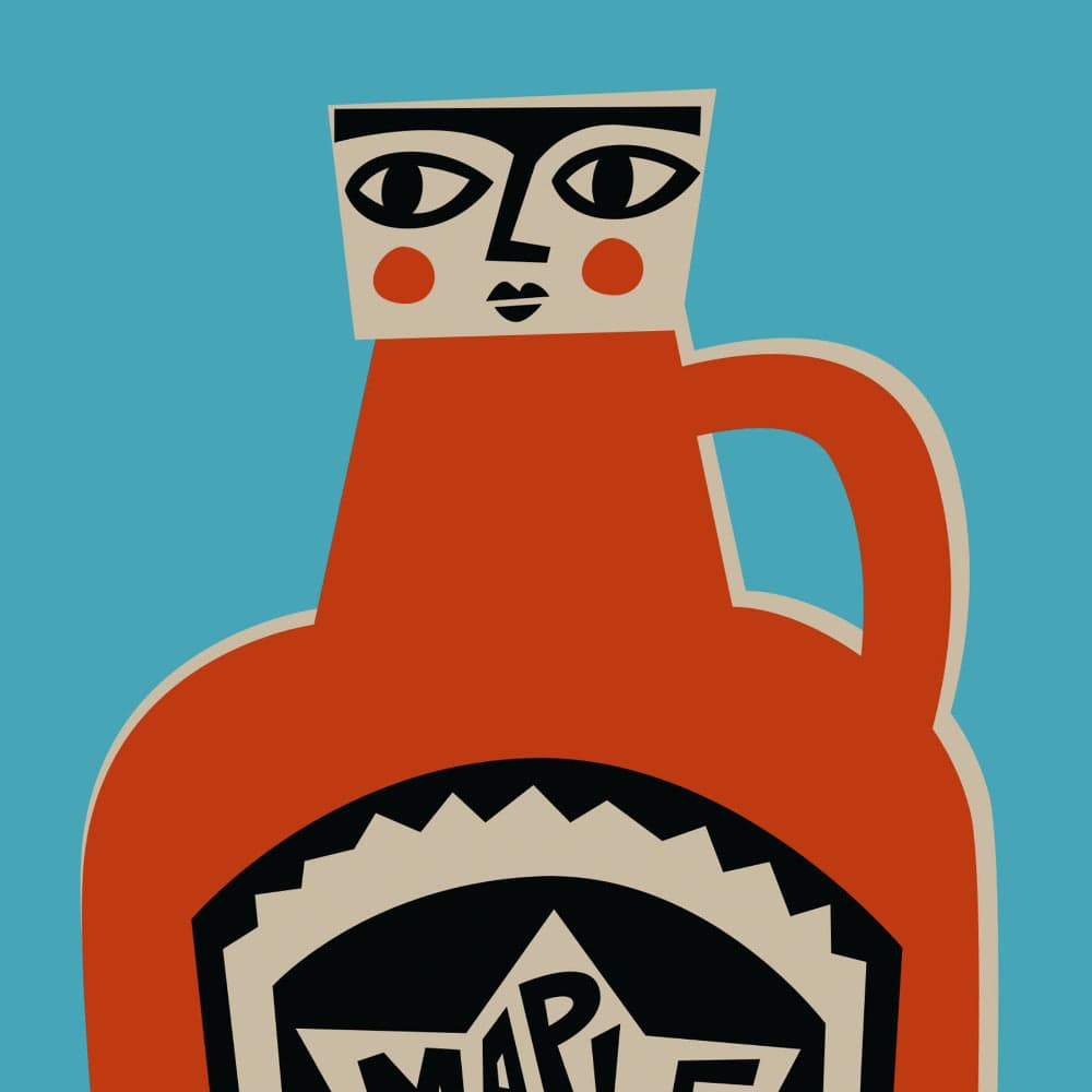 Close-up of stylised maple syrup bottle showing the face detail and vintage-inspired label.