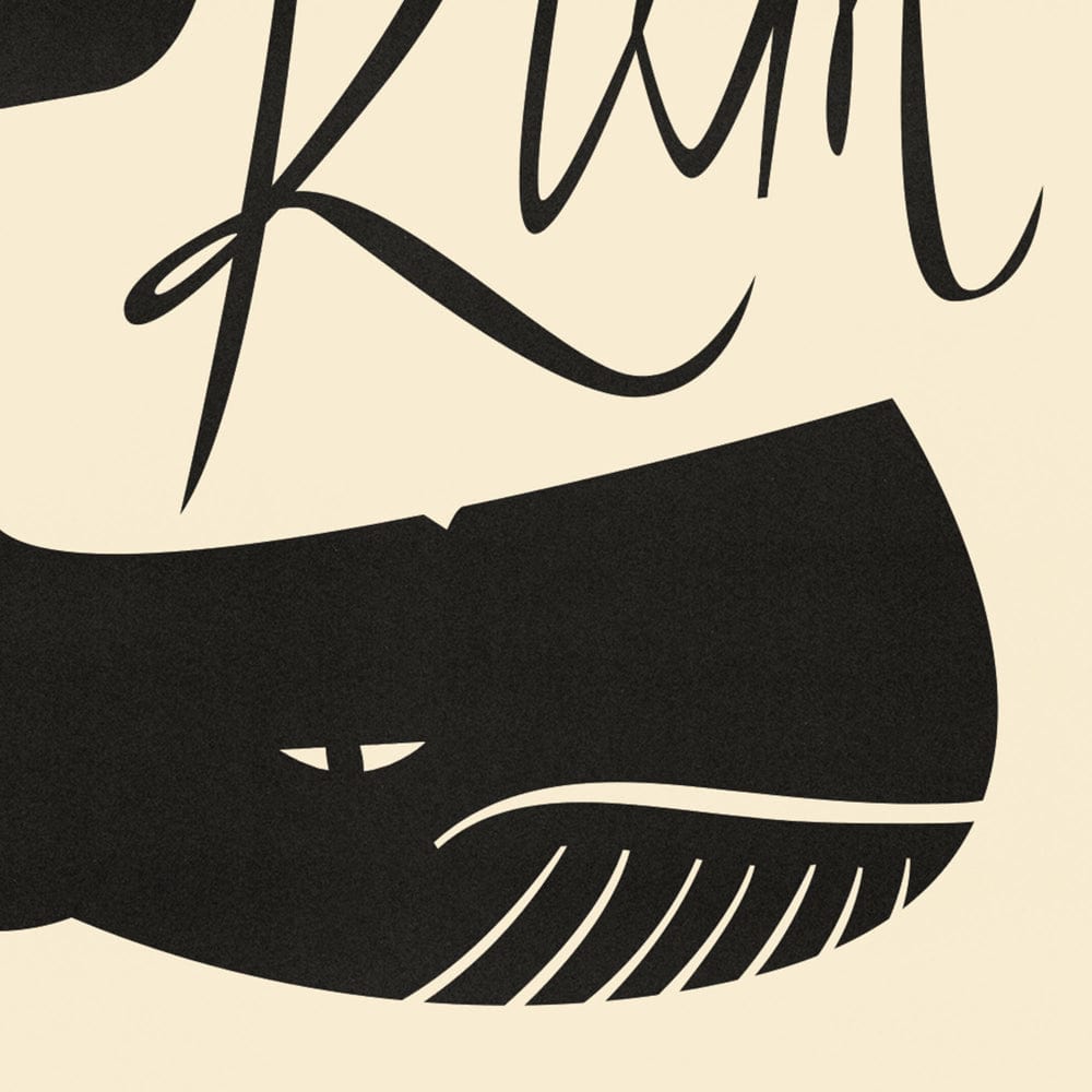 Detail of stylised black whale illustration nestled in a bottle-shaped layout with hand-lettered text.