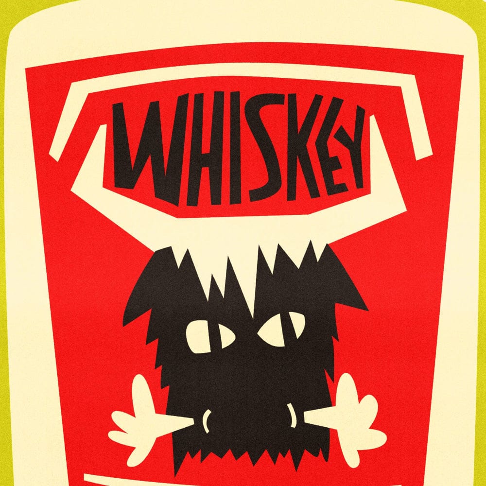 Close-up of the whiskey bottle illustration showing a wild-eyed label and hand-drawn “WHISKEY” text bursting in all directions.
