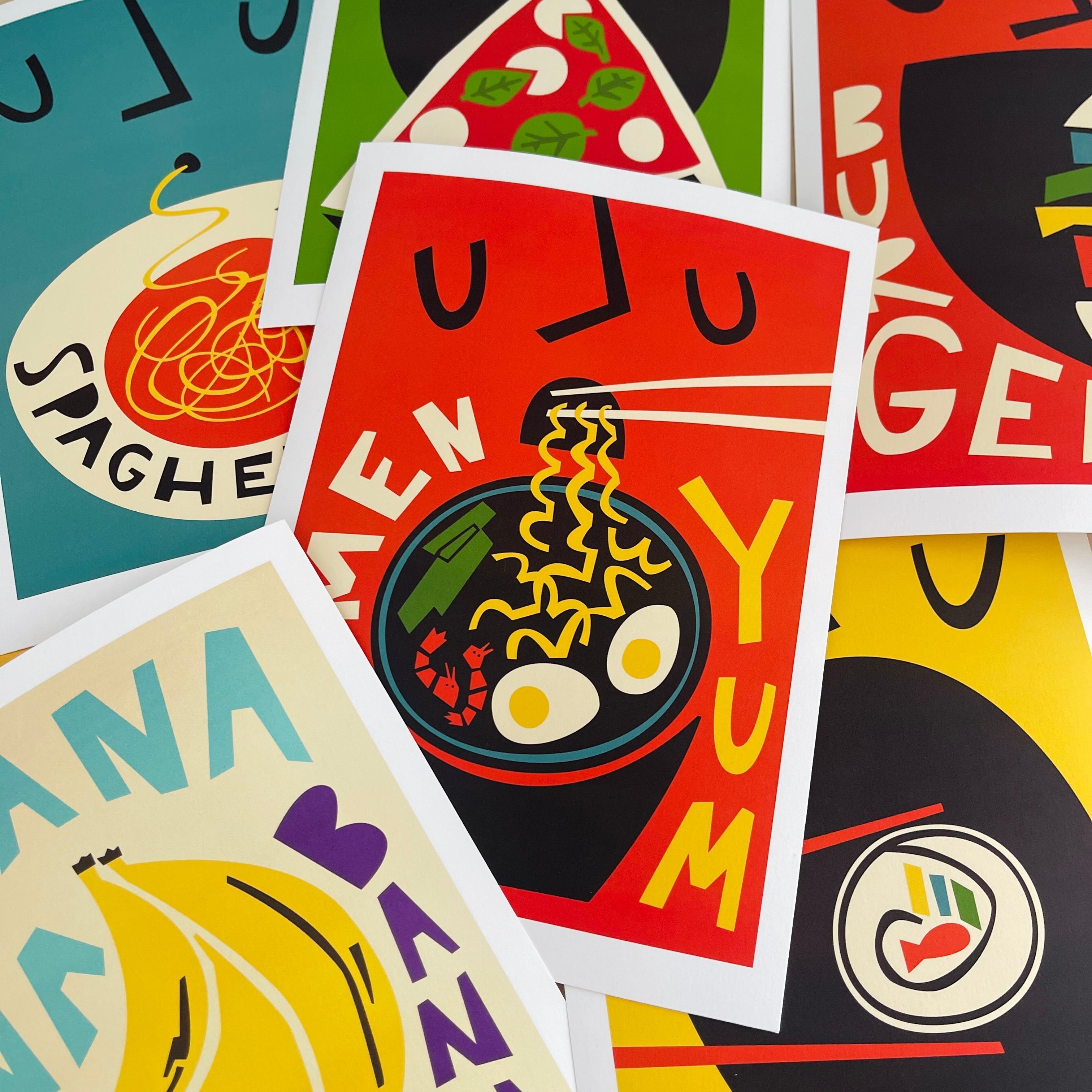 Flatlay of Fox & Velvet's colourful original food prints