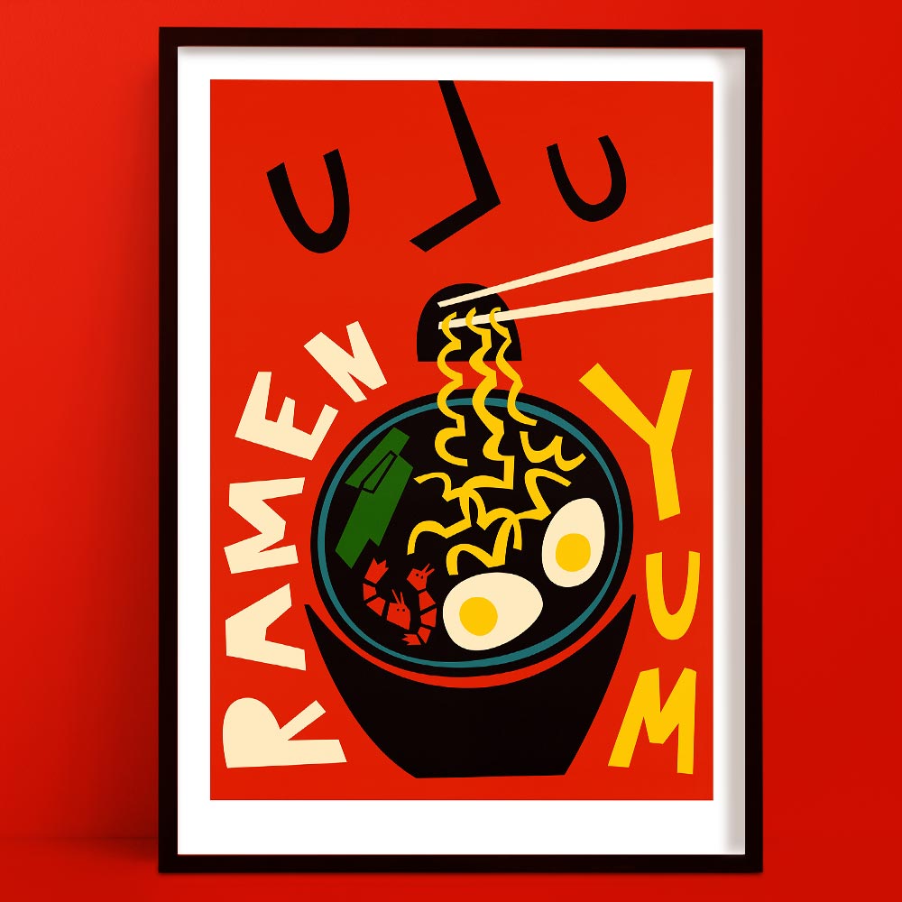 Bold red poster featuring a stylised bowl of ramen with floating face above, chopsticks, and “YUM” text.