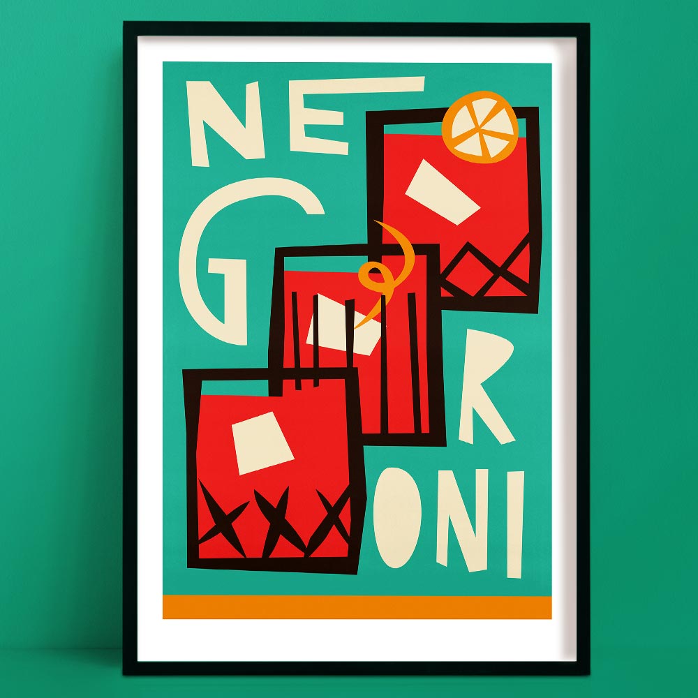 Graphic cocktail art print spelling out ‘Negroni’ in stacked red-orange tumblers with garnish details.