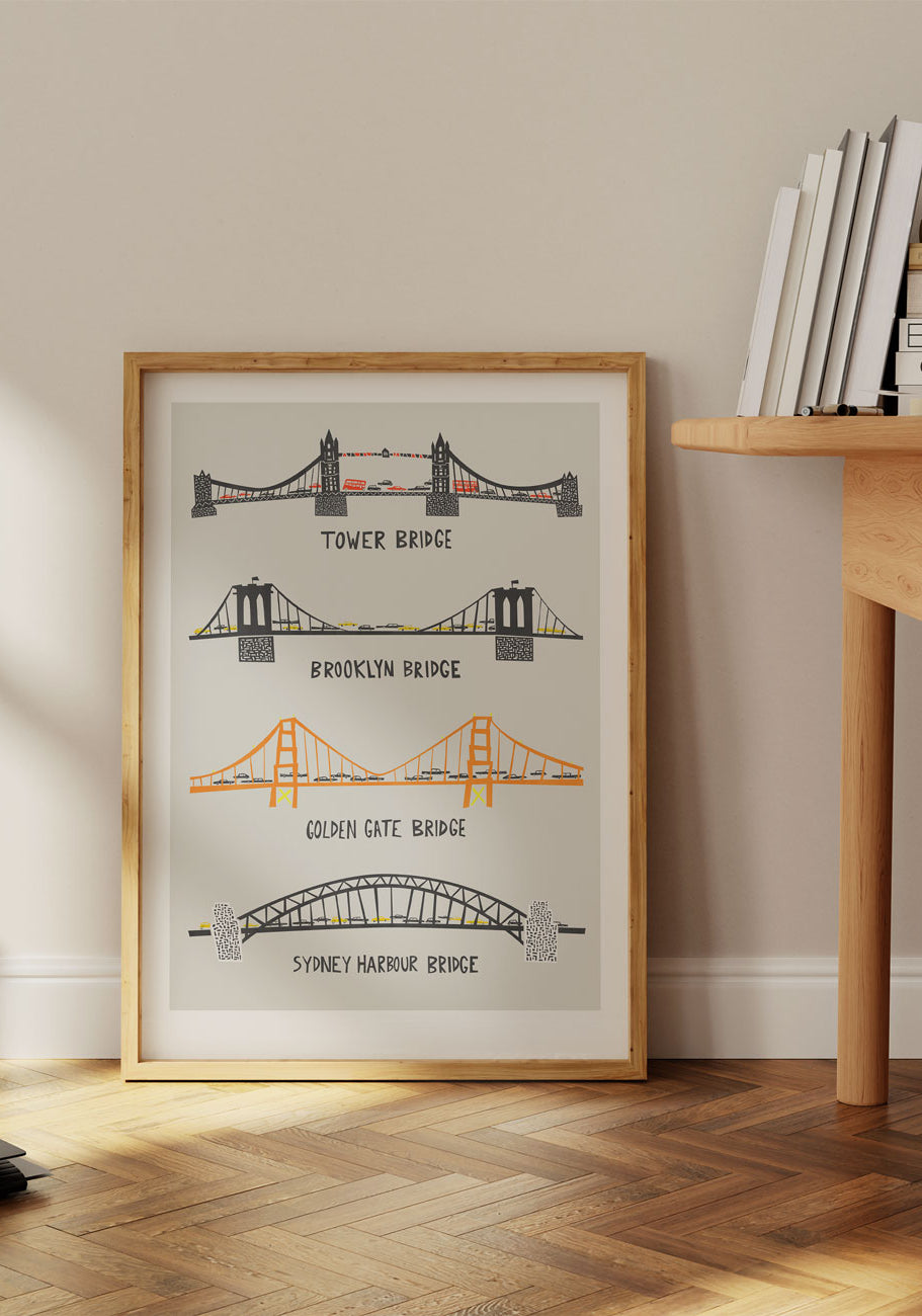 4 famous bridges print in oak frame