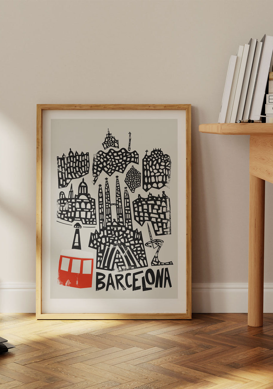 Oak frame Barcelona Cityscape Print By Fox & Velvet