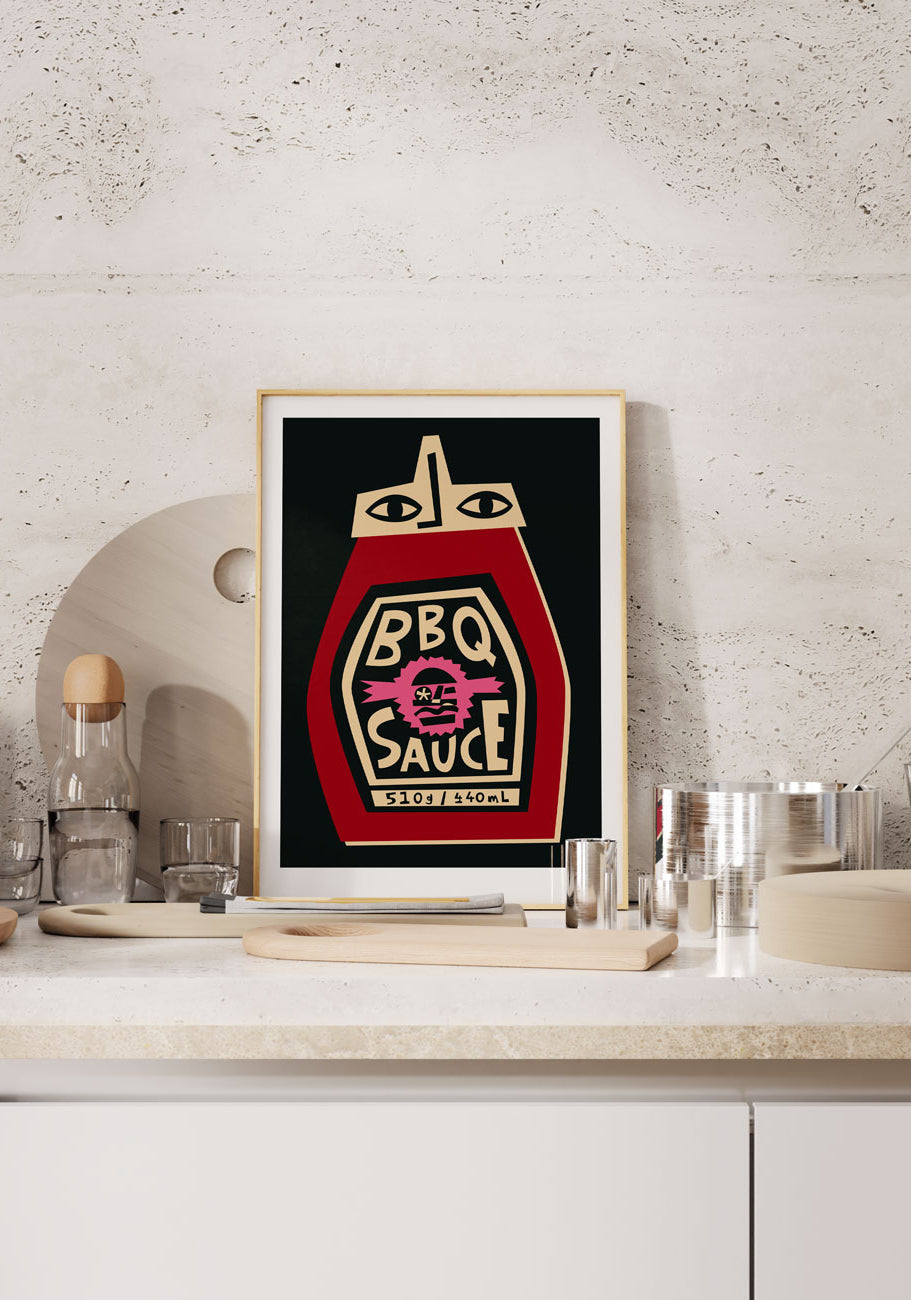 Oak framed BBQ Sauce Condiment Print By Fox & Velvet