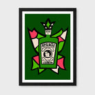 Stylized graphic illustration of a green Absinthe bottle with a cream label featuring a black cat, set against a green background with abstract pink, green, and cream shapes.
