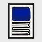 Framed abstract wall art print with a large dark blue rounded rectangle above thick black wavy lines on a light gray background, shown against a light gray wall.