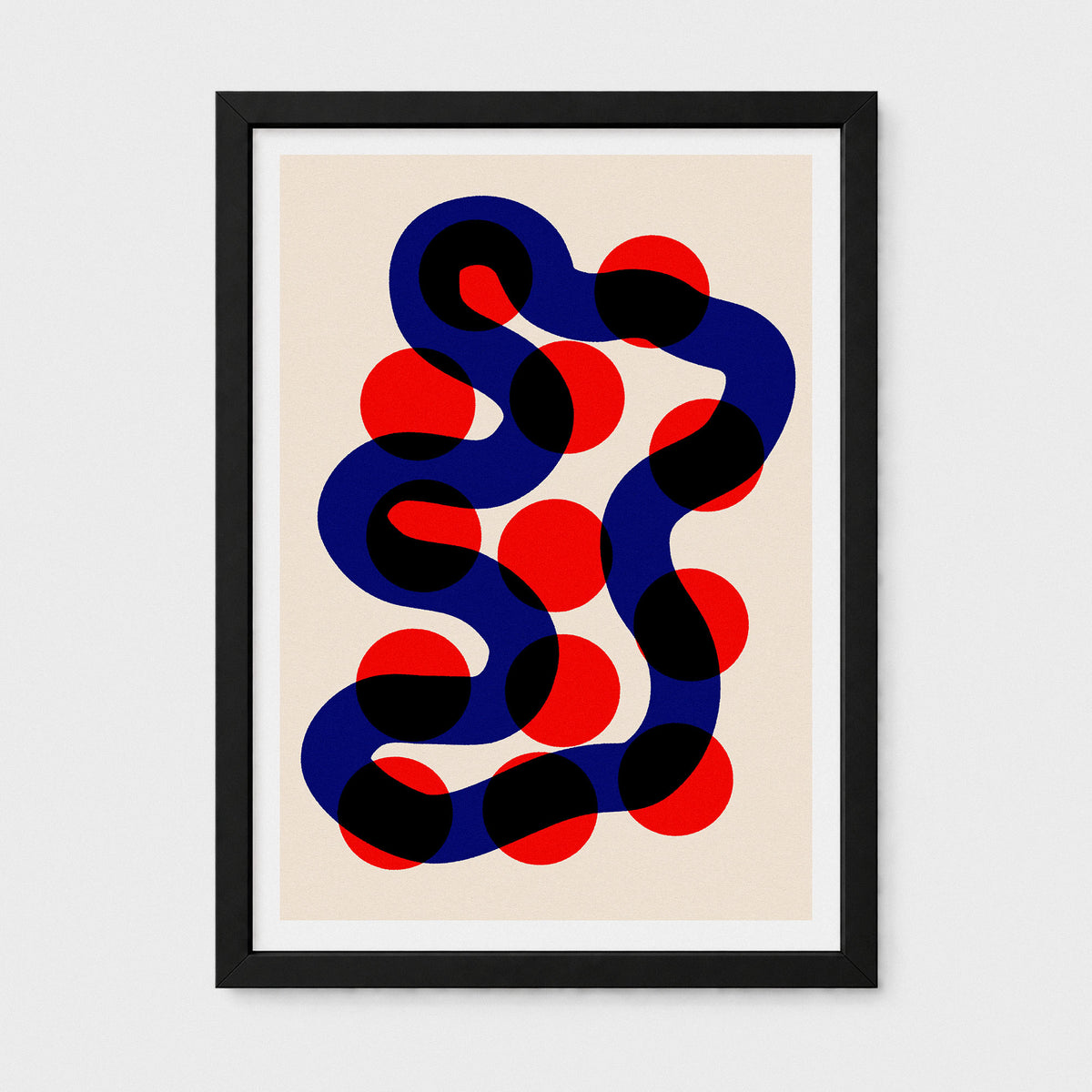 Framed abstract art print featuring a wavy dark blue and black snake-like line with red circular dots on a warm beige background, enclosed in a black frame with a white mat.