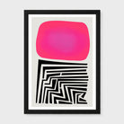 Framed abstract wall art featuring a large bright pink rounded rectangle above a black-and-white geometric maze-like pattern, shown against a light gray background.