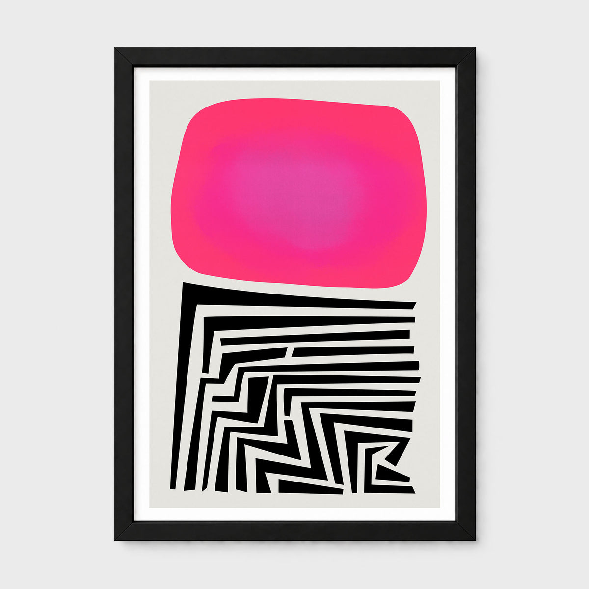 Framed abstract wall art featuring a large bright pink rounded rectangle above a black-and-white geometric maze-like pattern, shown against a light gray background.