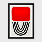Framed abstract wall art featuring a bold red rounded rectangle above black curved lines on a light gray background, shown in a black frame with a white mat.