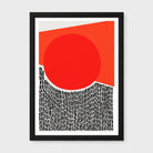 A framed abstract art print featuring a bold red circle, a red-orange geometric shape, and a black-and-white patterned lower section, displayed in a black frame against a light gray background.
