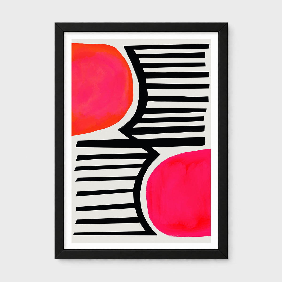 Framed abstract art print featuring bold black horizontal lines and two vibrant pink-red organic shapes on a white background, enclosed in a black frame.