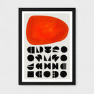 A framed abstract art print featuring a large textured orange-red organic shape at the top and rows of black geometric shapes below on a light gray background, enclosed in a black frame with a white mat.