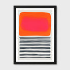 Framed abstract art print 'Sunset Ripples' featuring a bright orange rounded rectangle with a pink gradient center, above a section of horizontal black and white stripes, set in a black frame against a light gray background.