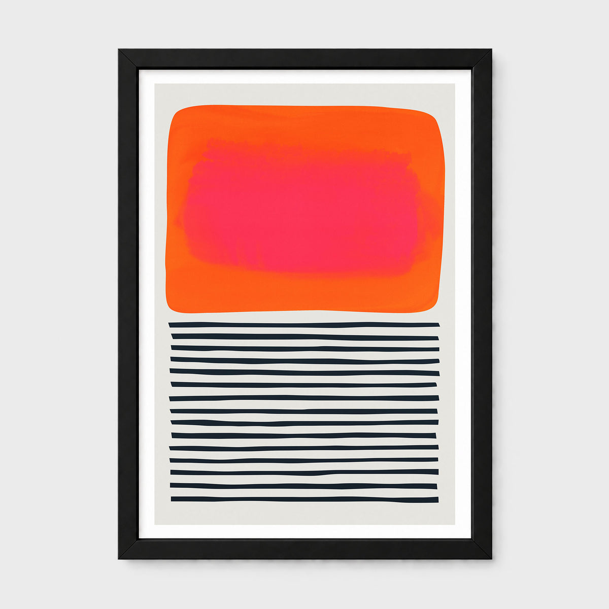 Framed abstract art print 'Sunset Ripples' featuring a bright orange rounded rectangle with a pink gradient center, above a section of horizontal black and white stripes, set in a black frame against a light gray background.