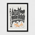 A framed art print featuring a stylized black-and-white illustration of Amsterdam landmarks above an orange Bike, shown against a light gray background.