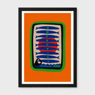 A framed art print featuring a stylized illustration of blue fish on a red sun over a beige background, set against a bright orange backdrop. The print is framed in black with a white mat, shown against a light gray background.