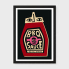 A framed art print featuring a stylized ketchup bottle illustration labeled 'BBQ Sauce' with a pink splash graphic, shown against a light gray background.