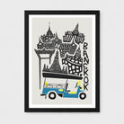 A framed art print featuring a stylized black-and-white illustration of Bangkok landmarks and a blue-and-yellow tuk-tuk on a light gray background, shown against a light gray wall.