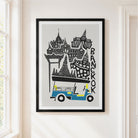 A framed art print featuring a stylized black and white illustration of Bangkok landmarks and a blue-and-yellow tuk-tuk, displayed on a light beige wall next to a window.